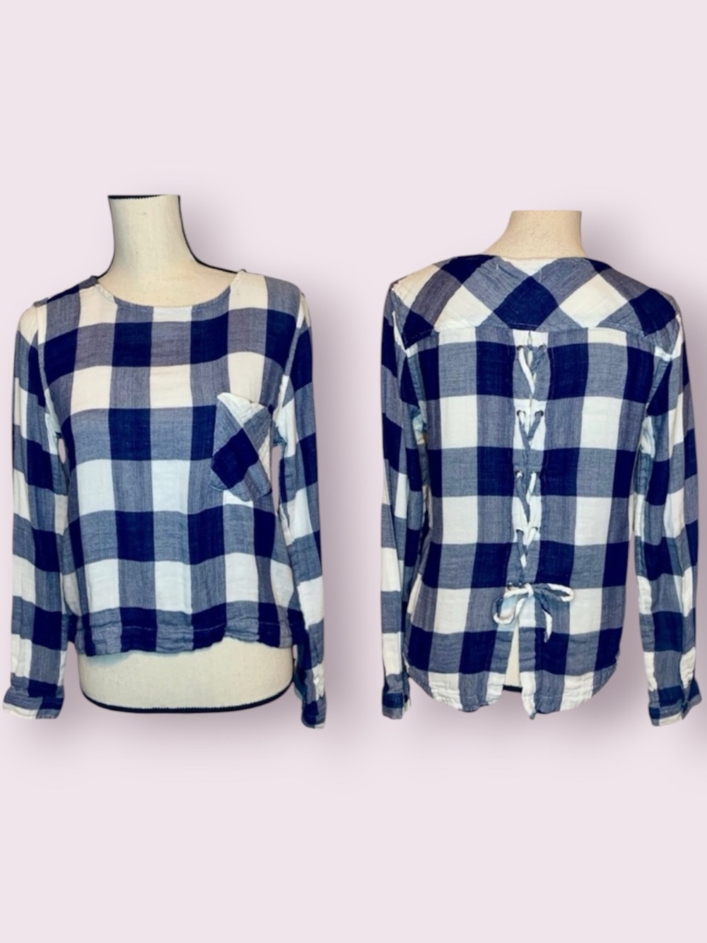Cloth & Stone Buffalo Plaid Soft Top Lace Up Back Blue & White Size Small